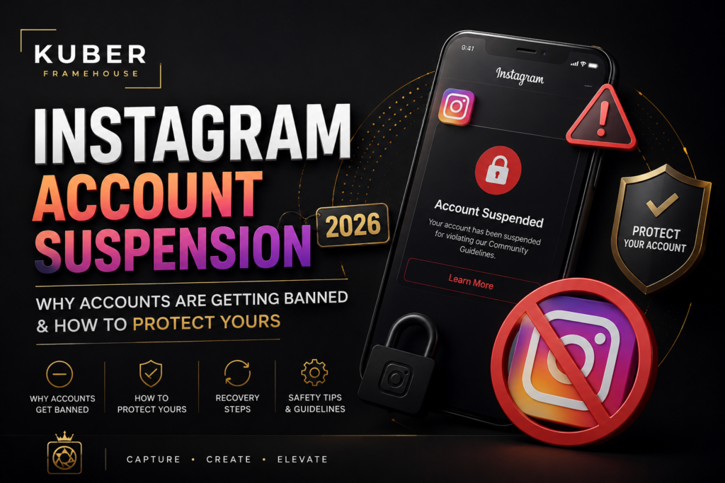 Instagram account suspension 2026 reasons and prevention guide with warning icons and security elements
